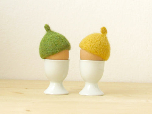 Egg cosies for Easter - green and yellow pastel - felted acorn cap - Set of two - House warming gift - table decor