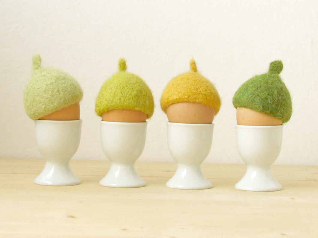 Egg cosies for Easter - green and yellow pastel - felted acorn cap - Set of four - Cozy gift - table decor