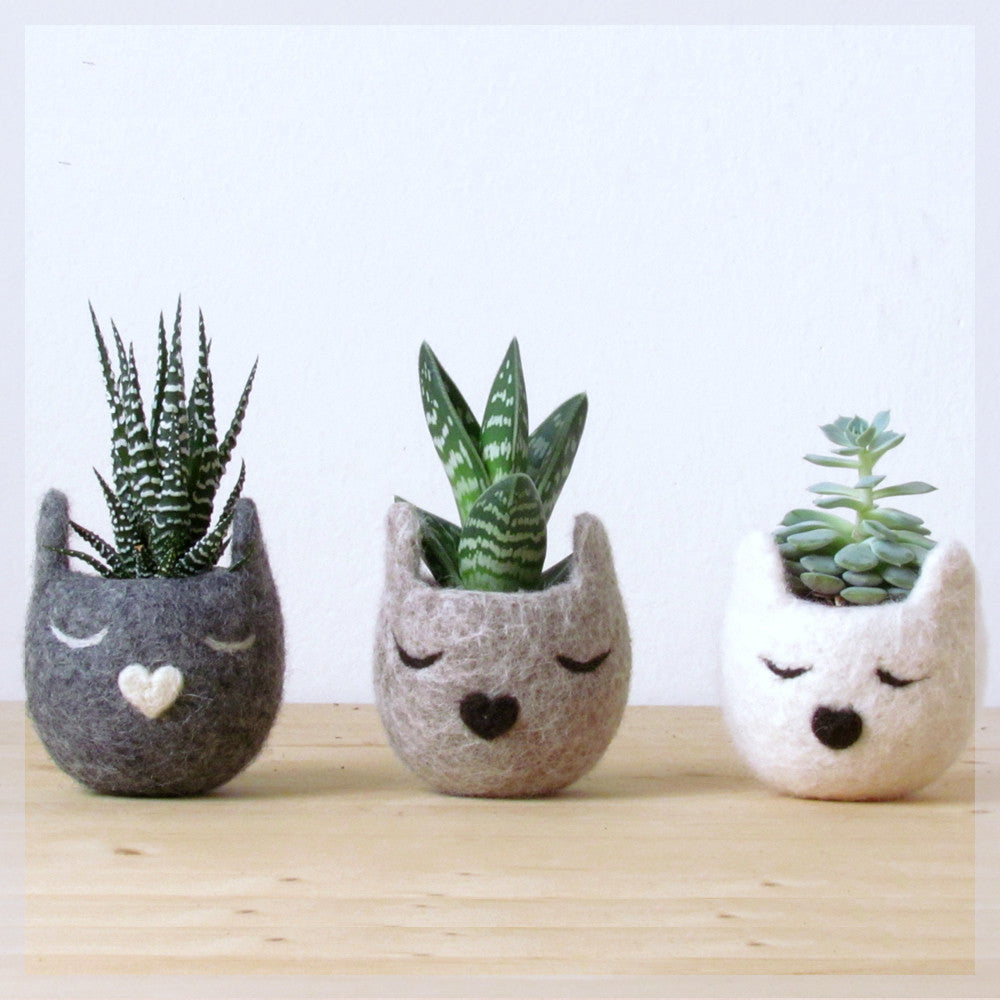 Succulent planter set/Cat head planter/Personalized felt vase/cat lover gift/hostess gift - Set of three